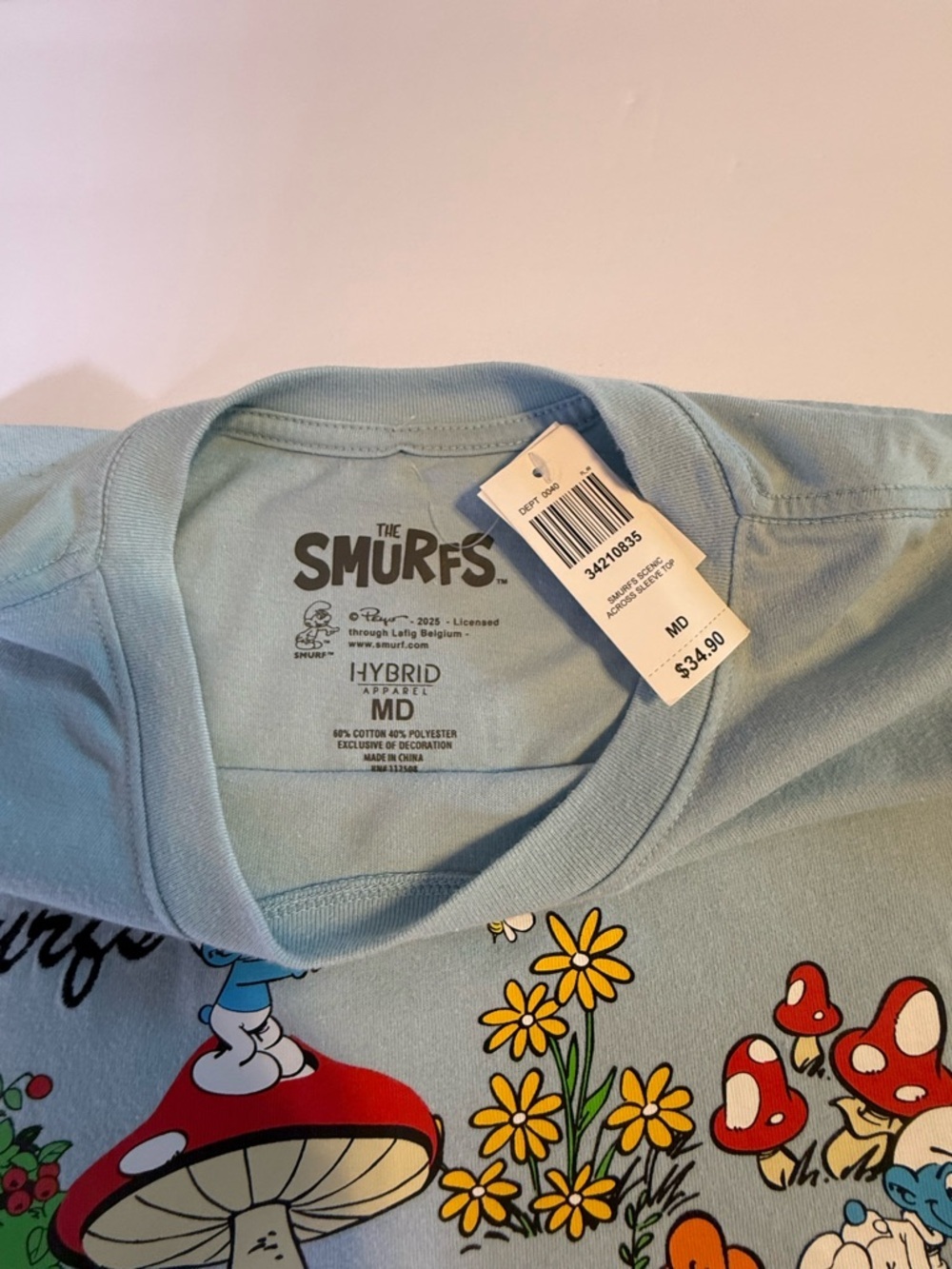 BoxLunch The Smurfs Graphic Tee Women’s Medium Blue Mushroom Scene NWT - Picture 6 of 6